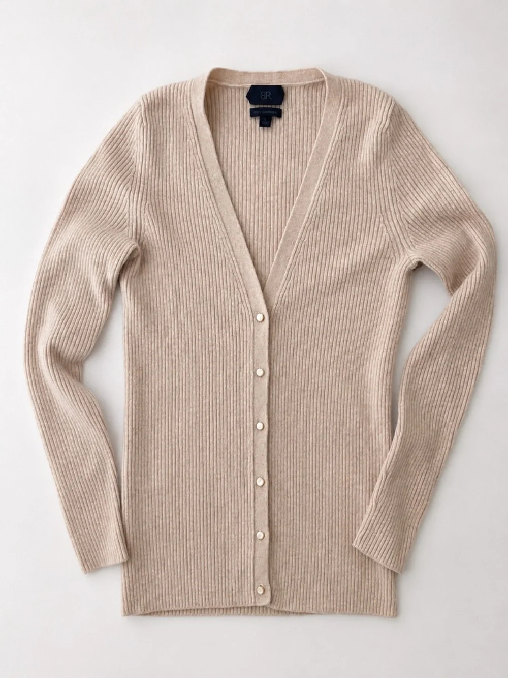 Banana Republic 100% Cashmere Ribbed Cardigan Sweater Beige Button Front Small - Picture 2 of 7